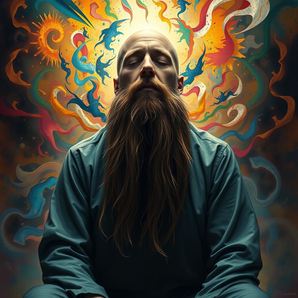 Bald Man's Serenity Amidst Abstract Chaos