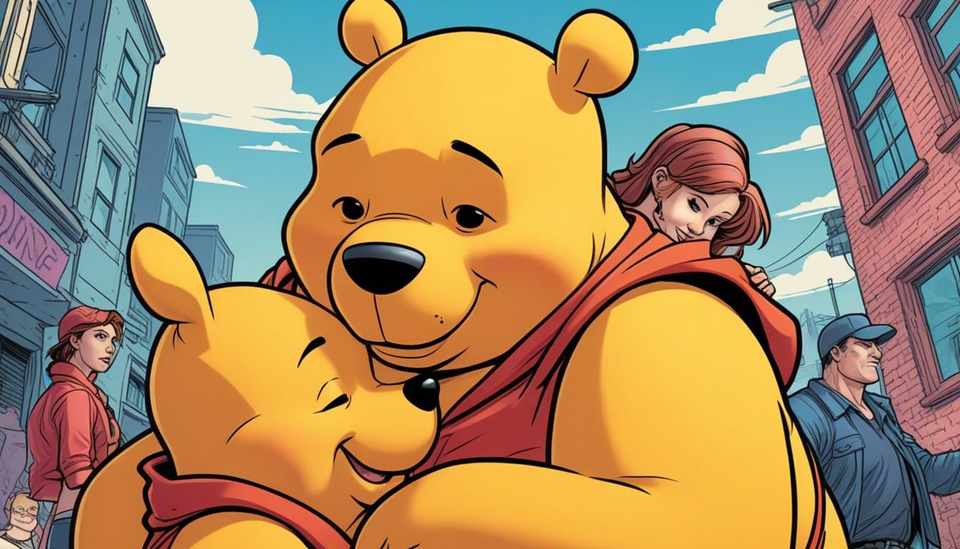 Winnie the Pooh Characters Hug in Comic Book Style