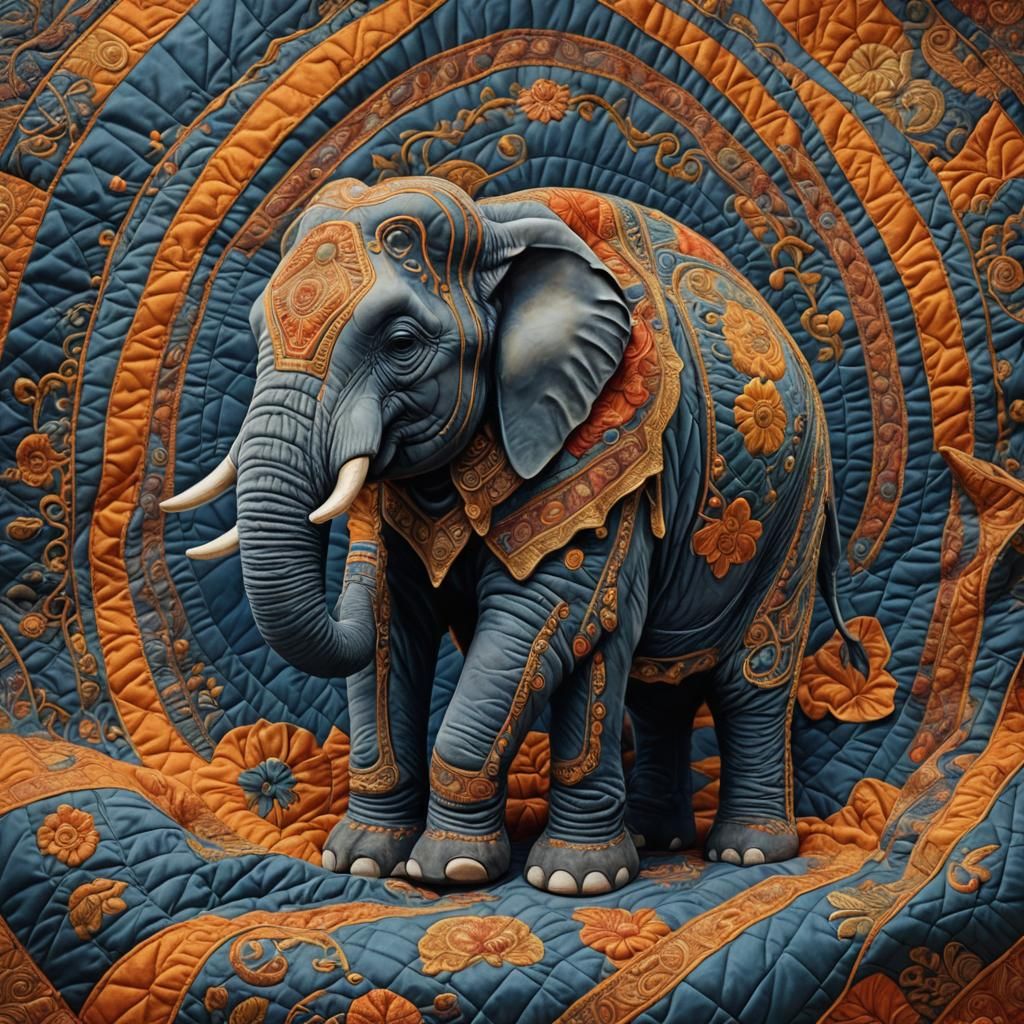 Elephant Stitched into Quilted Blanket: Fantasy Art