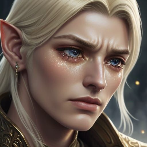Sad Elf Warrior Cries in Oil Painting Style