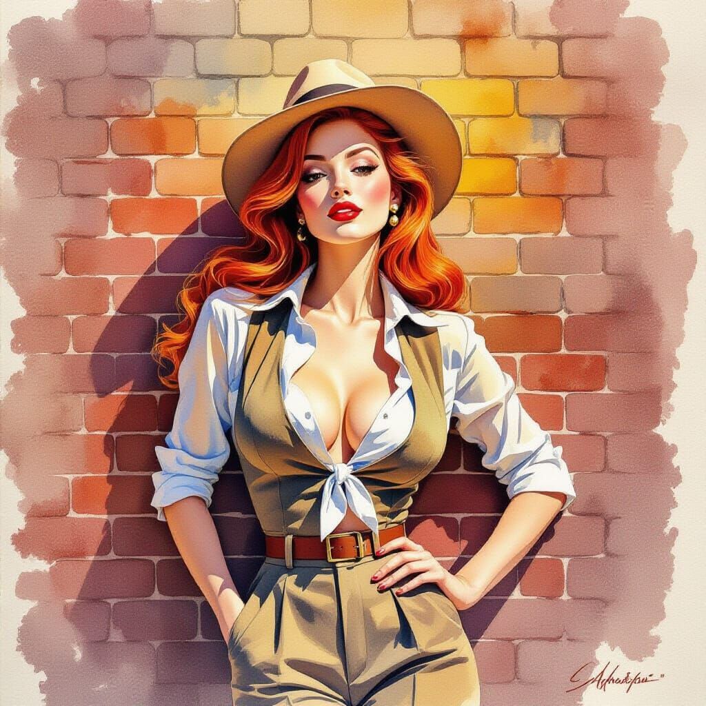 Redhead Pin-Up Woman in 1970s Attire as Watercolor Painting