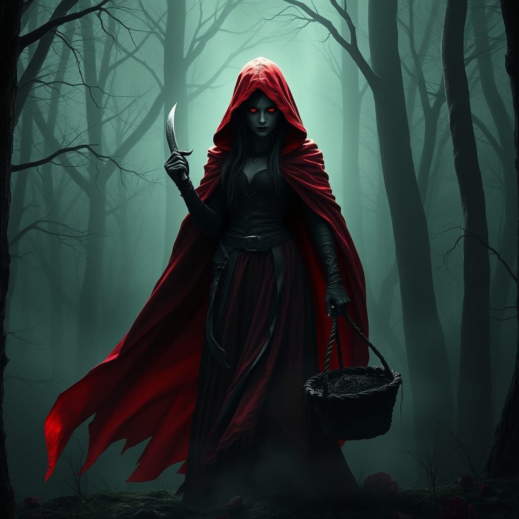 Dark Red Riding Hood Emerges from Mysterious Forest