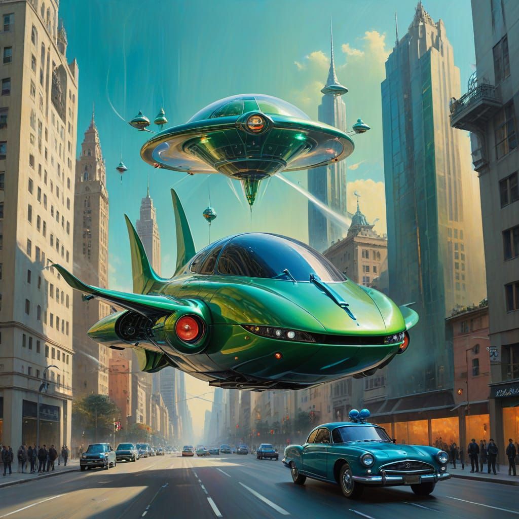 Futuristic Flying Car in Surreal Cityscape