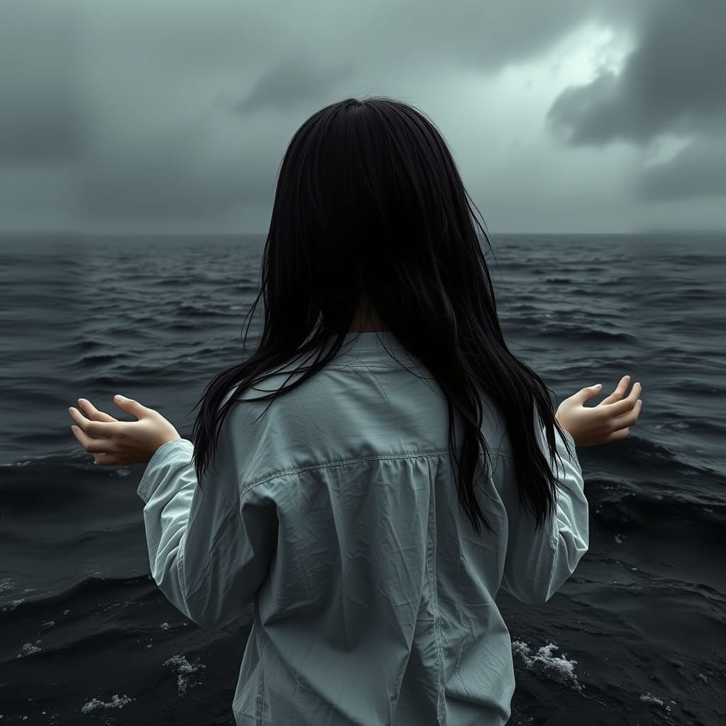 Girl in Turbulent Black Sea with Wet Hair and Wrinkled Shirt...