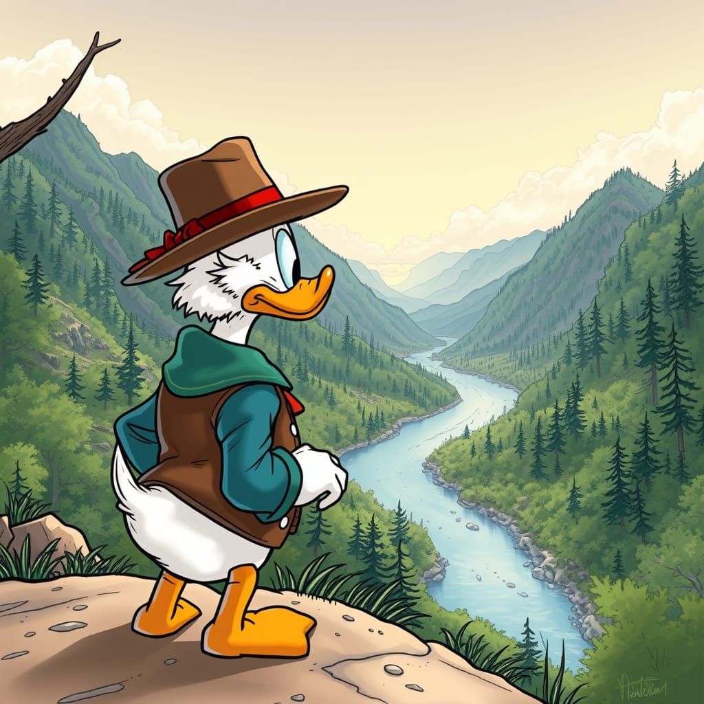 Scrooge McDuck Observes a Serene River Valley in a Cavazzano...