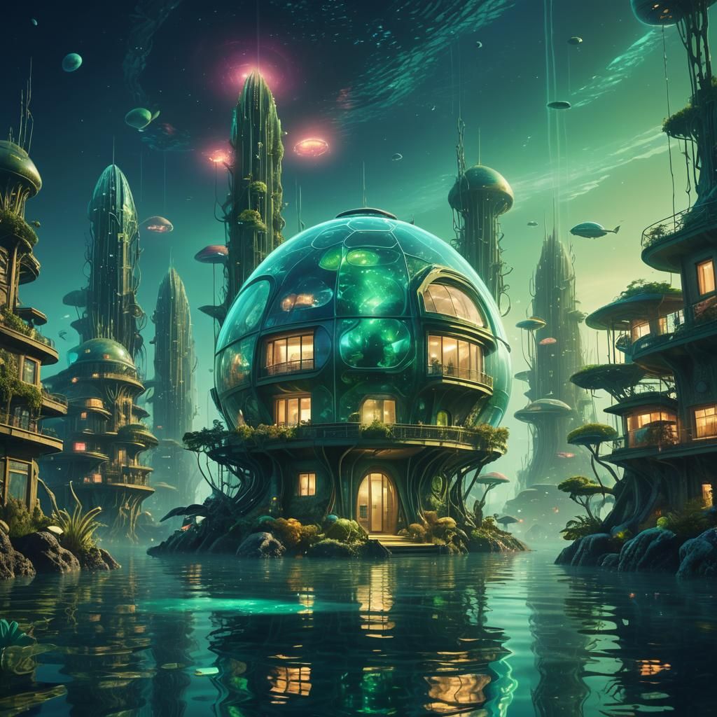 Underwater Alien City with Glowing Eco House