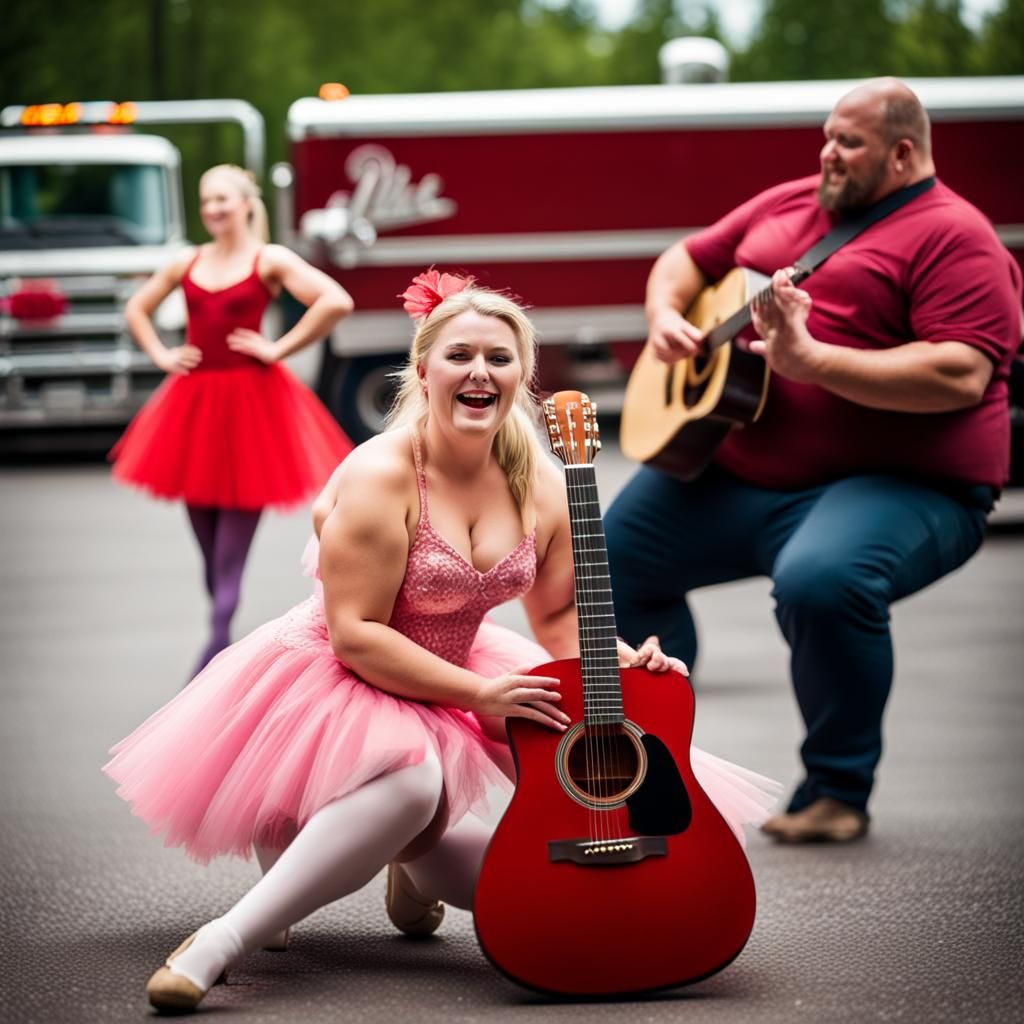 Trucker Plays Guitar for Ballerina: Humorous Photo