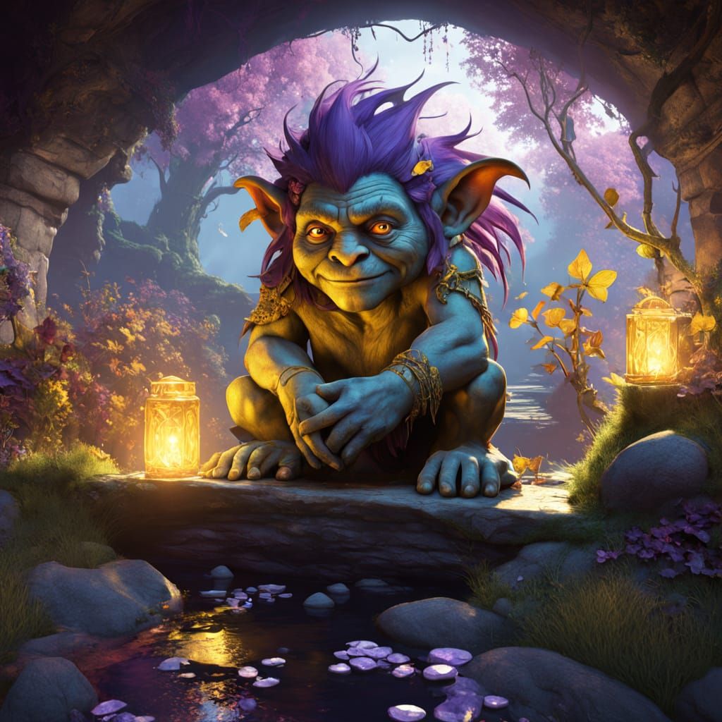 Rainbow-Haired Troll Guarding Crystal Cave