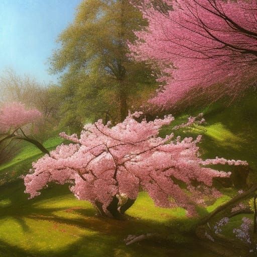 Cherry Blossom Tree in Overgrown Garden: Art Nouveau