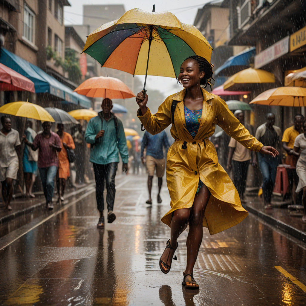 Vibrant African Woman Runs in Rainy Street Scene