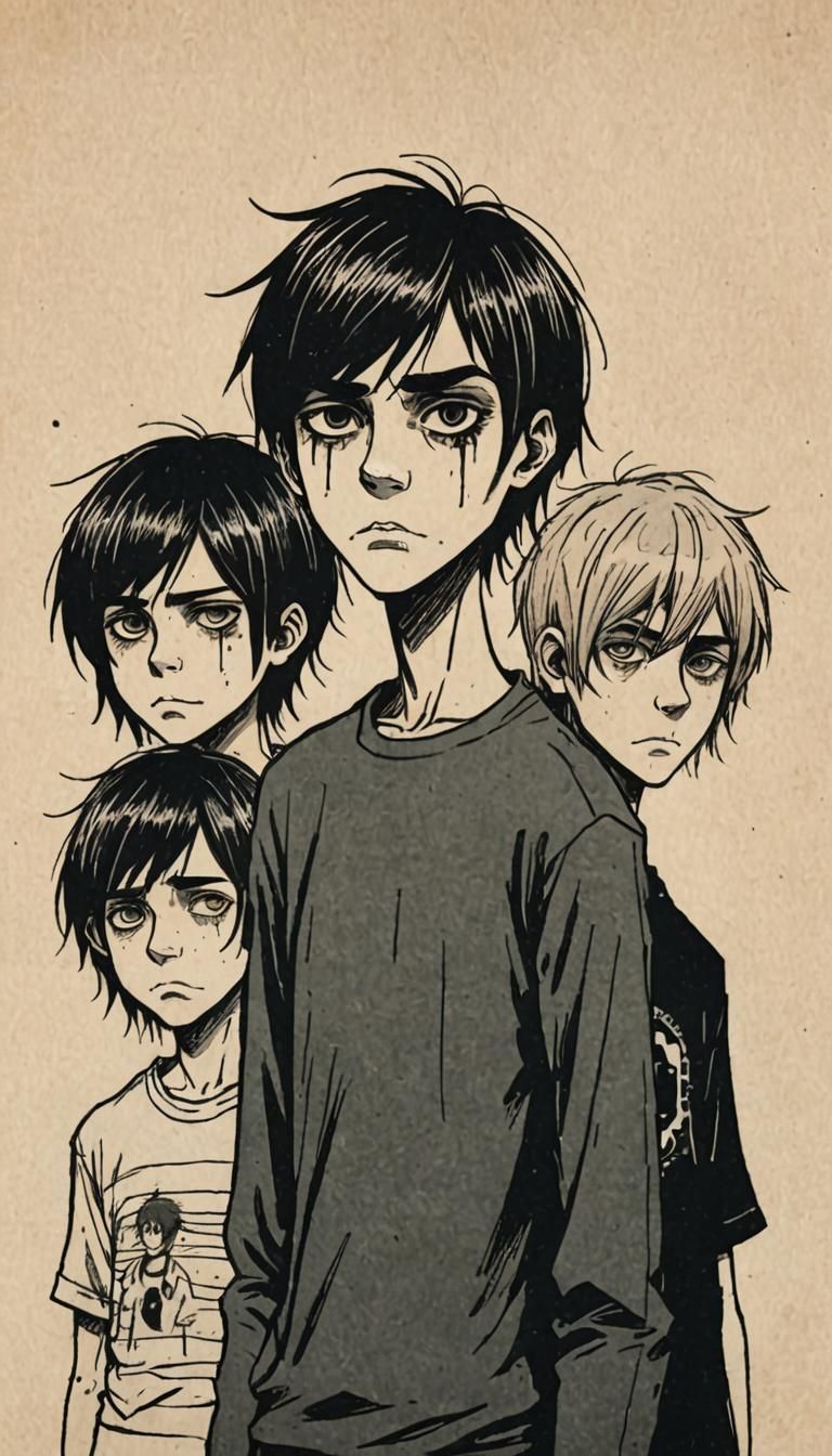 Image of a tall, sad, skinny emo with three short, fat teena...