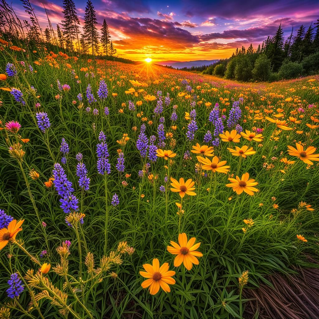 Colorful Wildflowers at Sunset in Hyperrealistic Detail