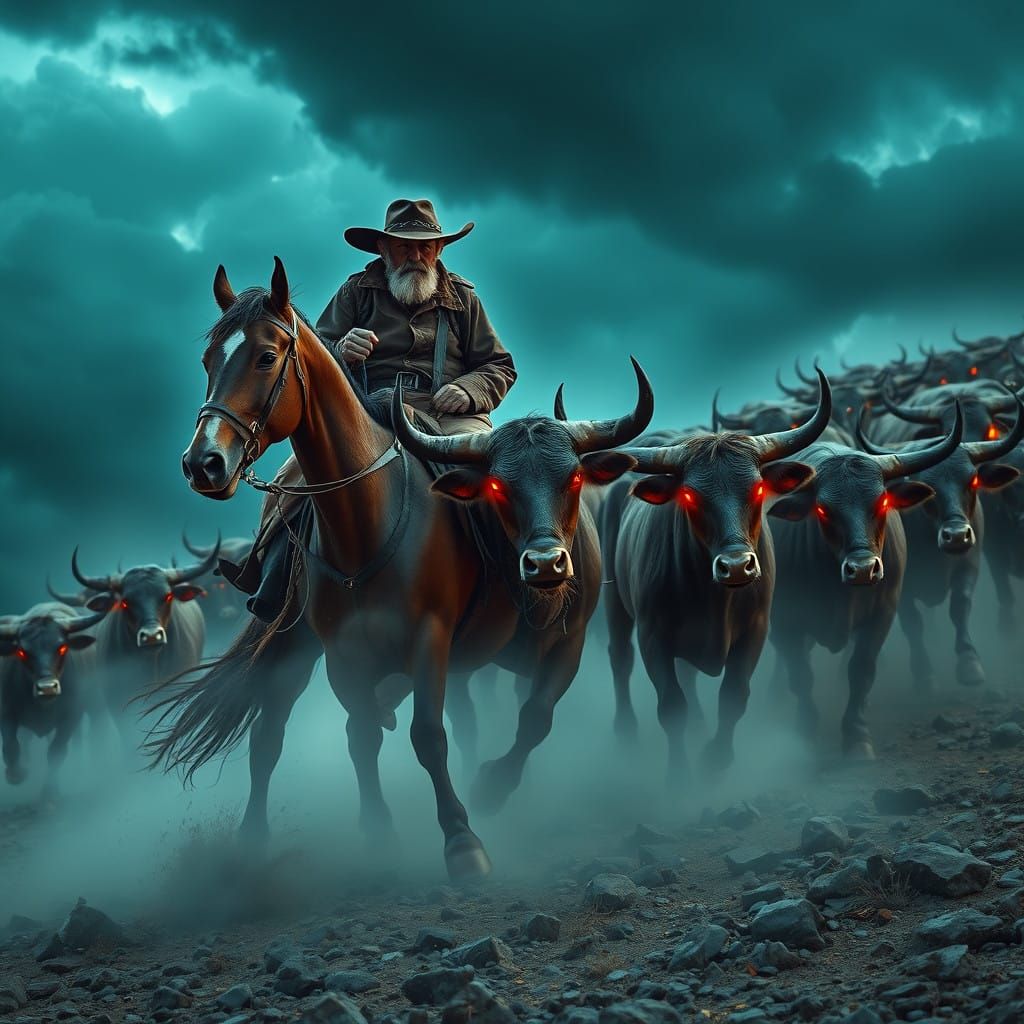 Weathered Cowboy Rides Across a Stormy Expanse with Ghostly....