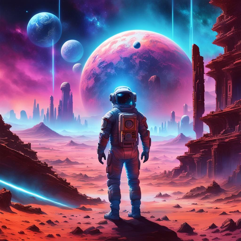 Astronaut Amidst Alien Ruins on Distant Planet