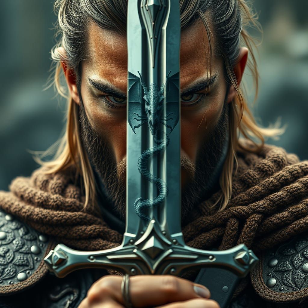 Fierce Warrior with Reflective Sword and Dragon