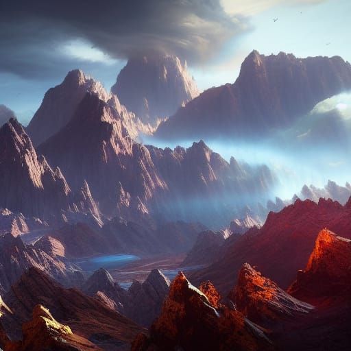 Cloud-Piercing Mountains in Detailed Digital Painting