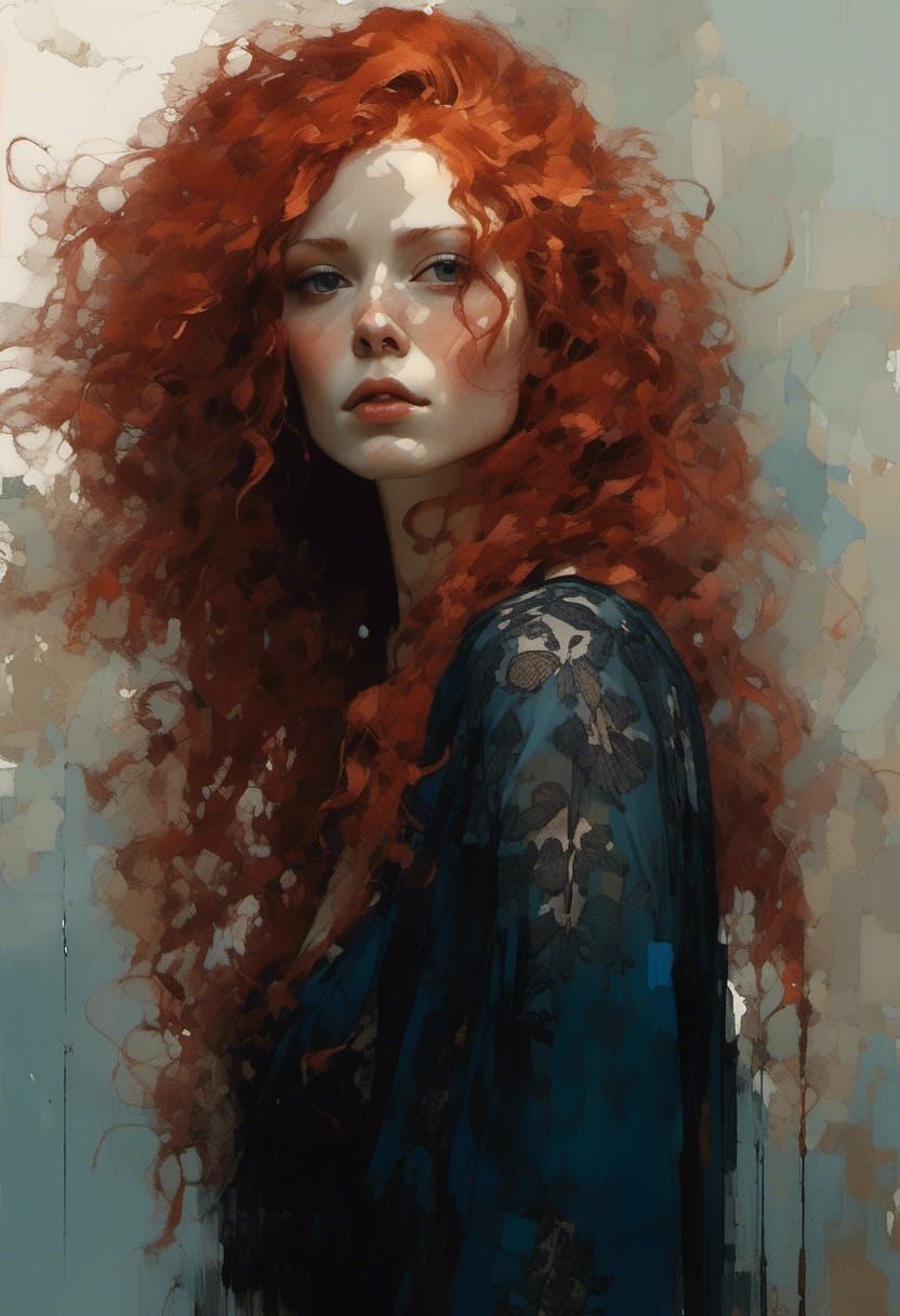 Redhead Woman in Blue Dress: Matte Painting