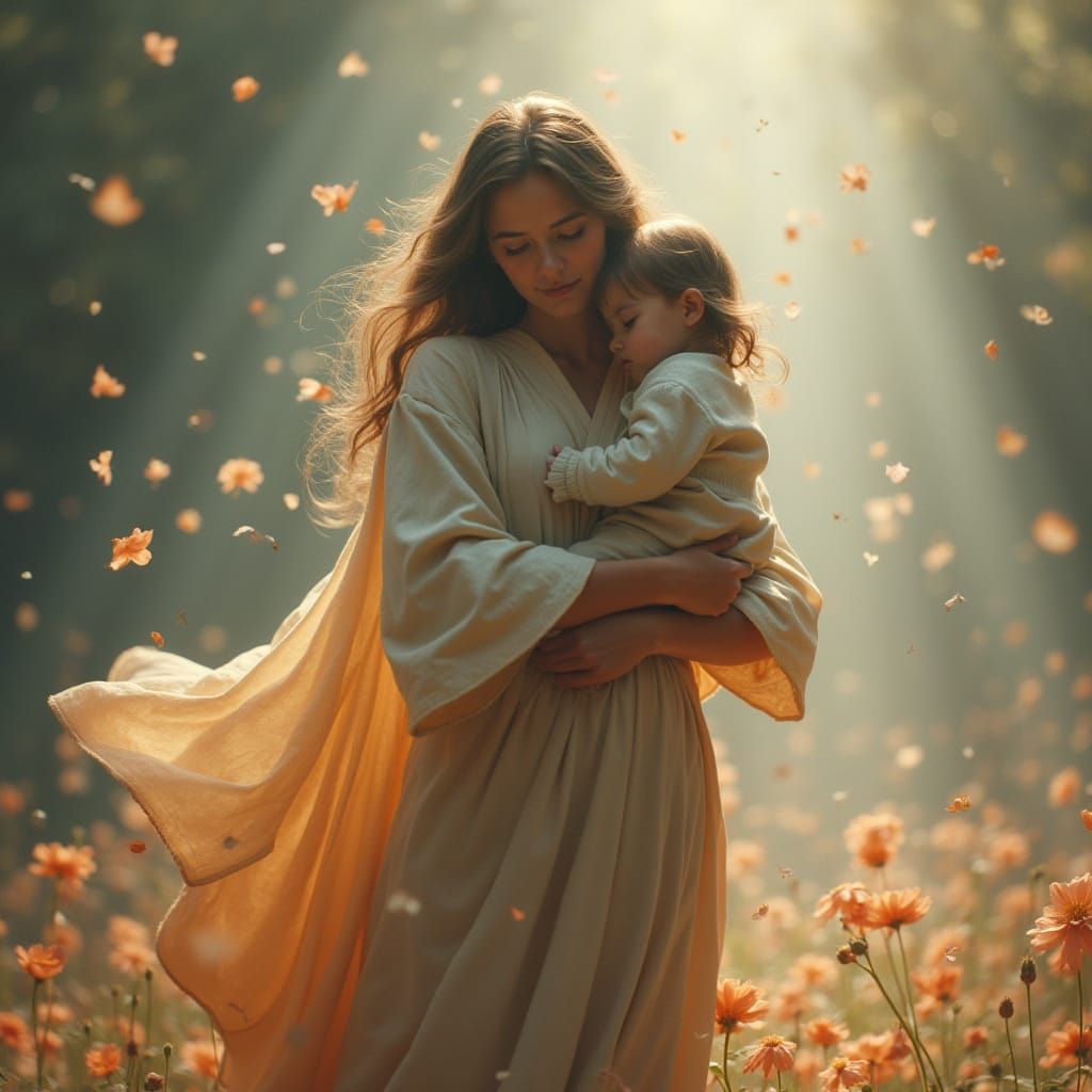 Mother and Child in Whimsical Fantasy Landscape