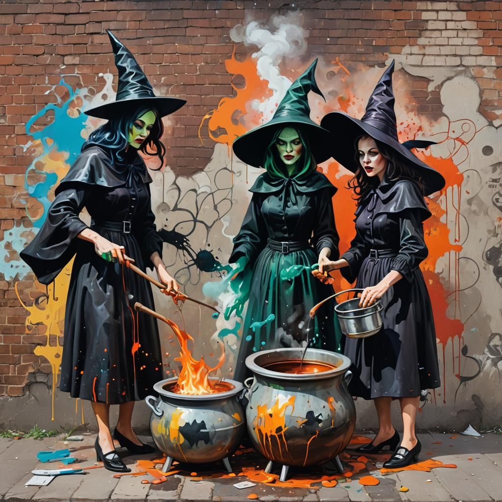 1950s Witches Using Pot as Cauldron in Graffiti Style