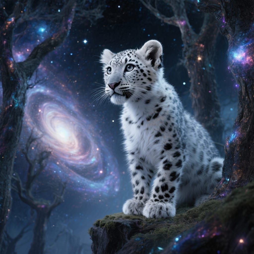 Ethereal Snow Leopard Cub in Cosmic Nebula Forest