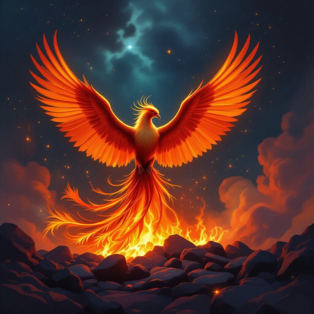 Majestic Phoenix Rises from Embers in Cosmic Nebula