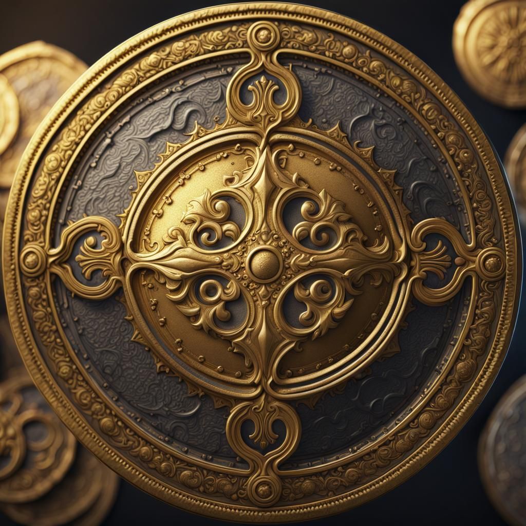 Ornate Medieval Gold Coin in Detailed Matte Style