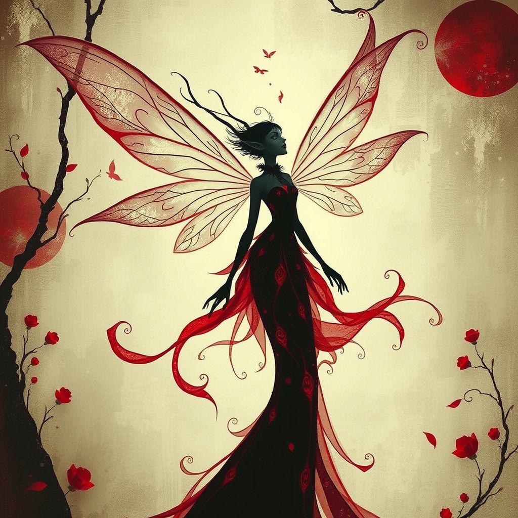 Elegant Fairy Elf in Red, Black and White