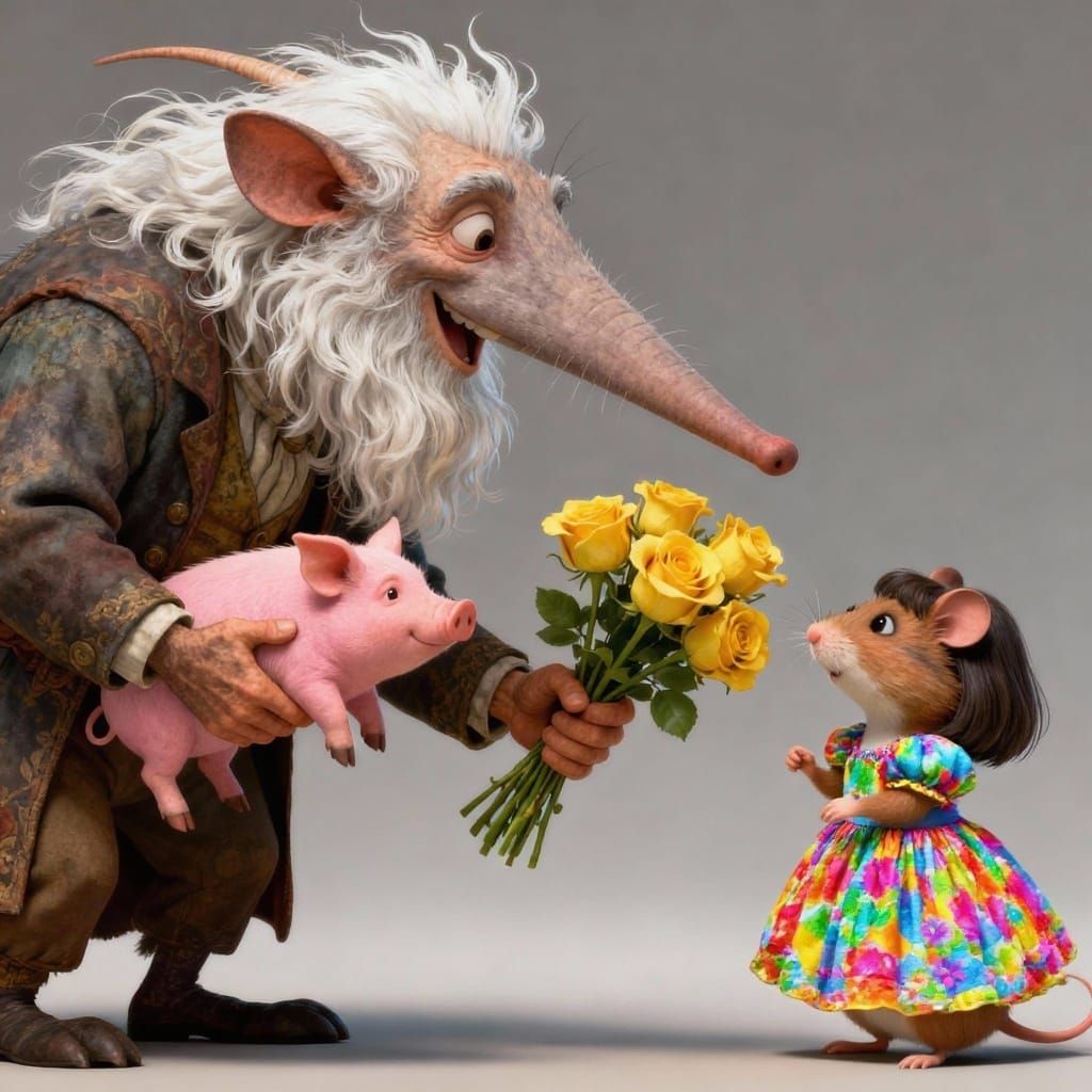 Whimsical Aardvark Gives Piglet and Roses to Hamster