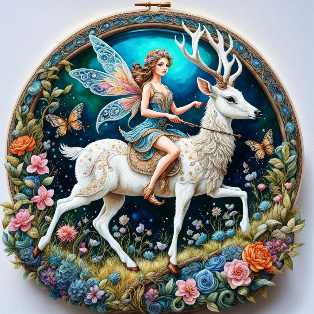 Fairy Rides Glass Deer in Embroidery Style