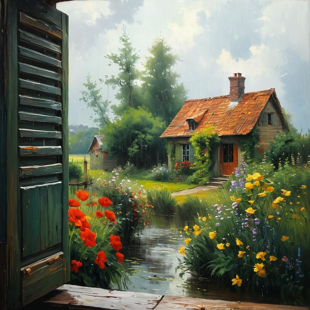 Rainy Garden Impressionist Oil Painting