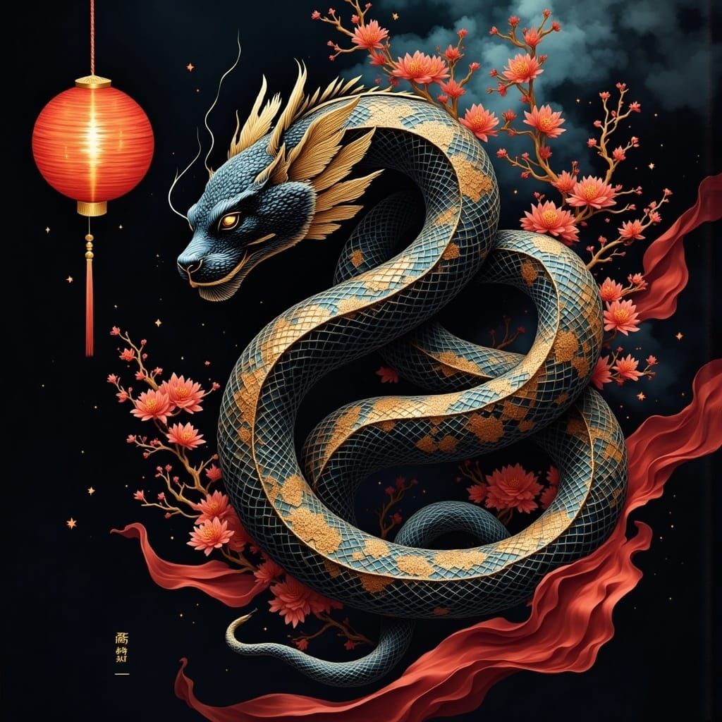 Mystical Chinese Zodiac-Inspired Digital Artwork with Golden...