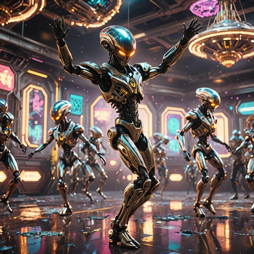 Glamorous aliens ballroom dancing intricate mech details, gr...