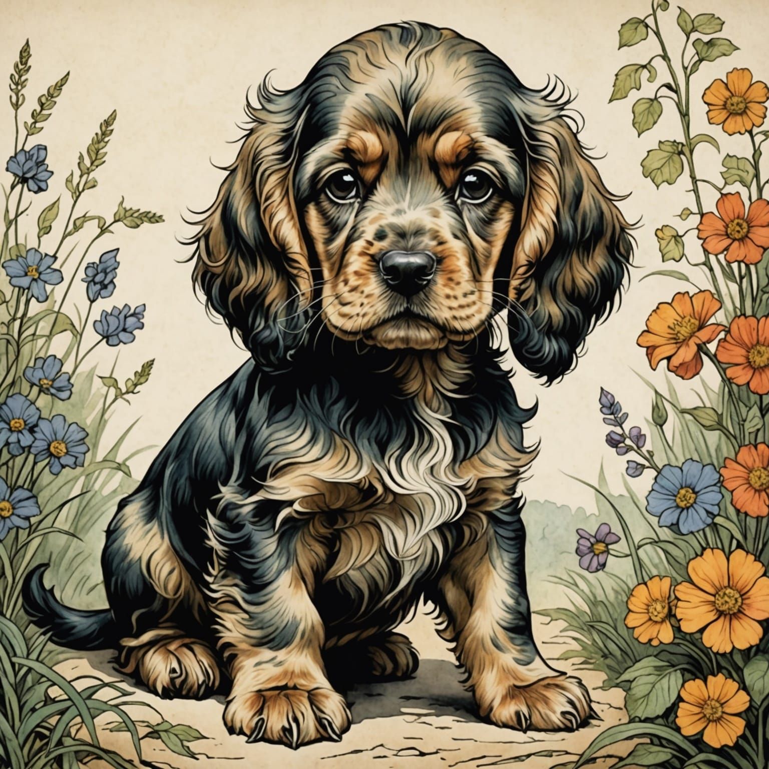 Cocker Spaniel Puppy in Anime Arthur Rackham Style