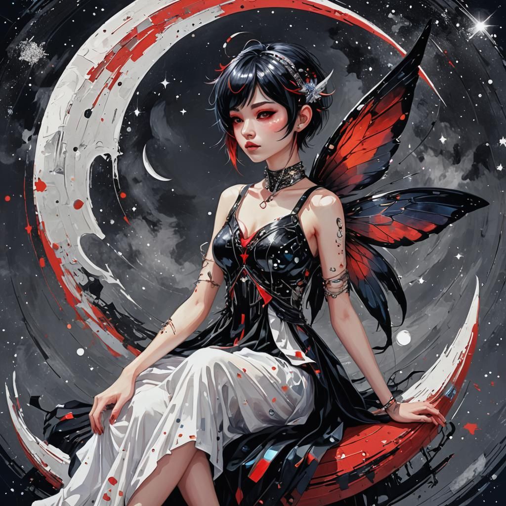 Cyber Fae on Crescent Moon in Cyberpunk Style