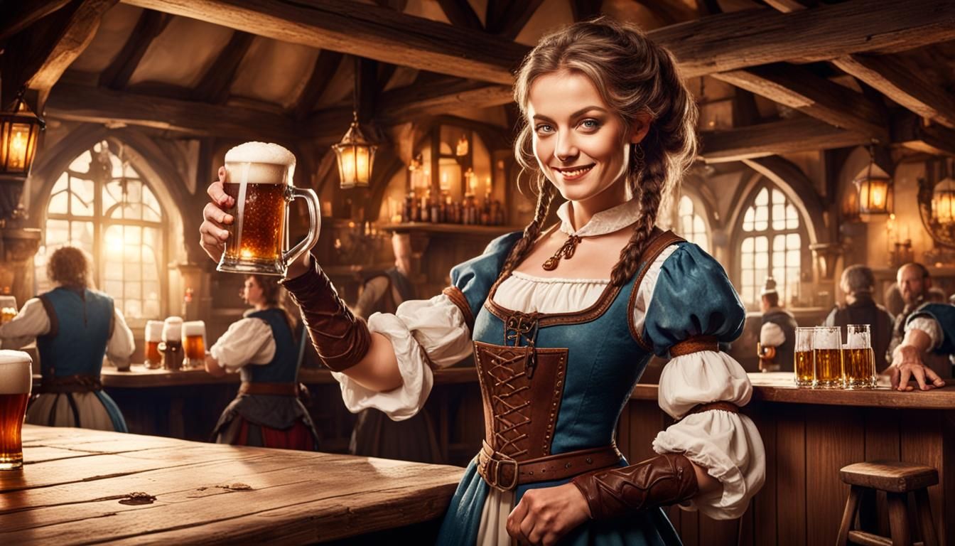 Medieval Barmaid Serving Ale in Fantasy Tavern