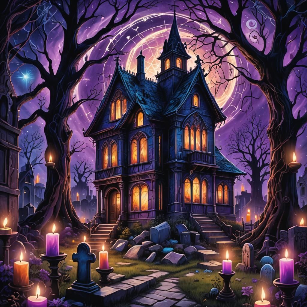 A pic of a haunted house next to a cemetery and it is night ...