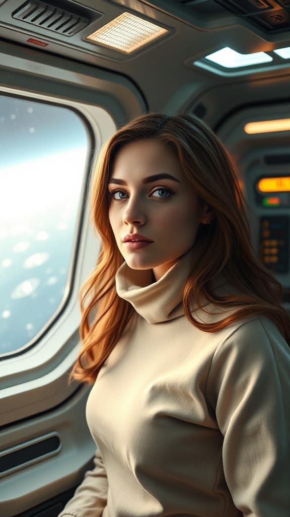 Young Woman in Starship Cabin, Cyberpunk Style