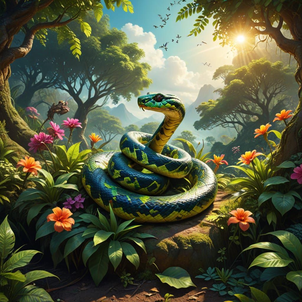 Snake in Paradise: A Vibrant Oil Painting