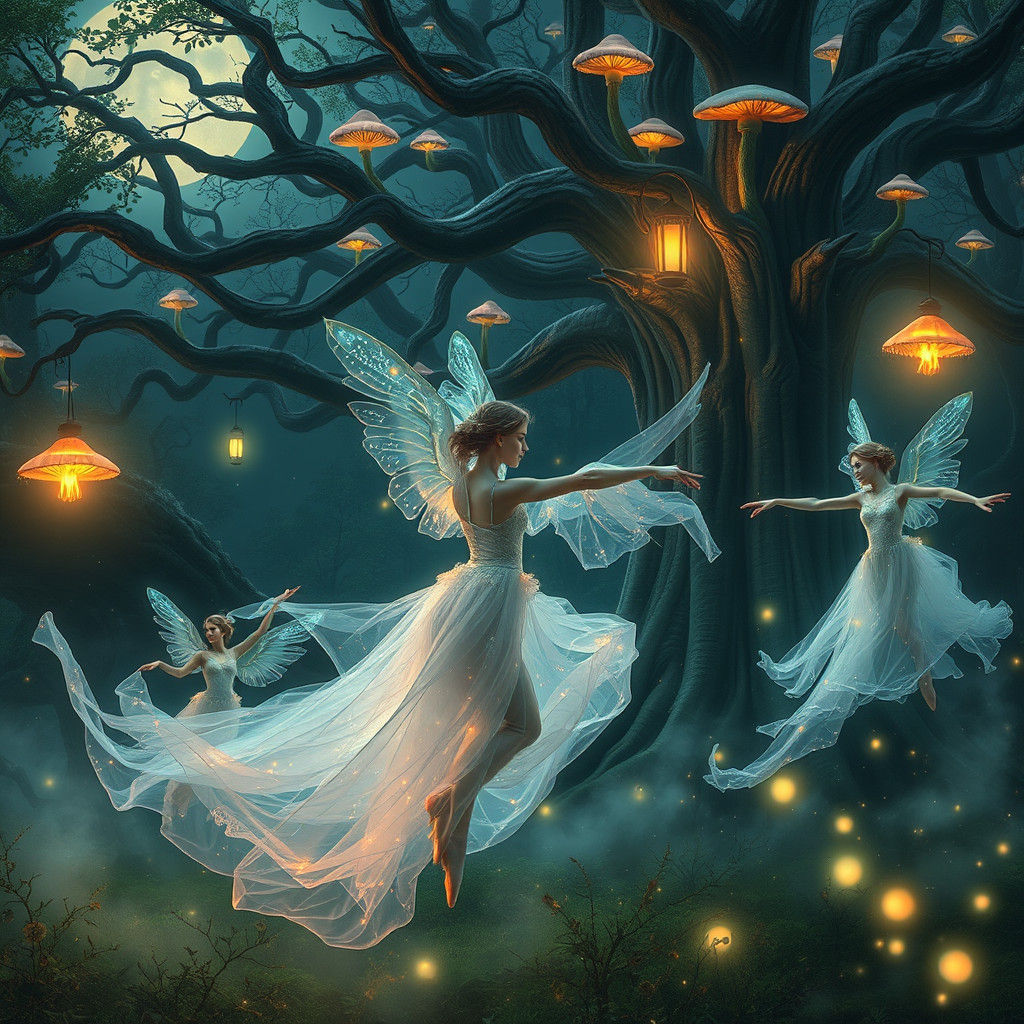Ethereal Dancers in Moonlit Glade: a Surreal Scene
