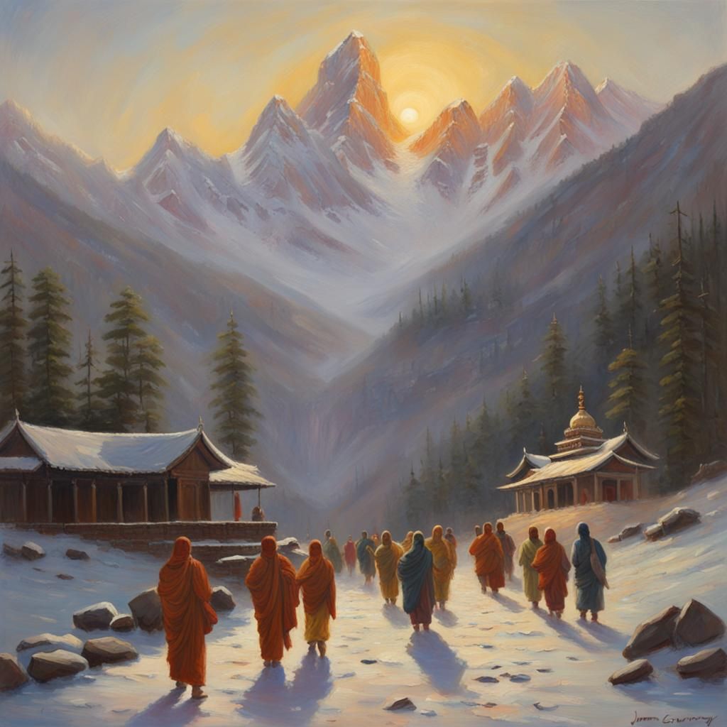 Oil Painting of Pilgrims at Mountain Temple Sunrise