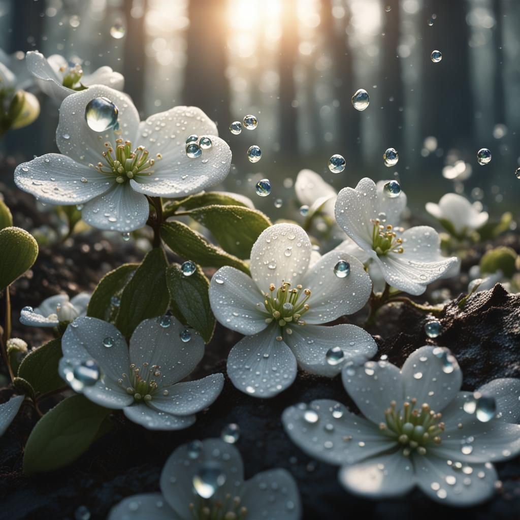 Dogwood Bloom with Dew Drops: Detailed Matte Painting