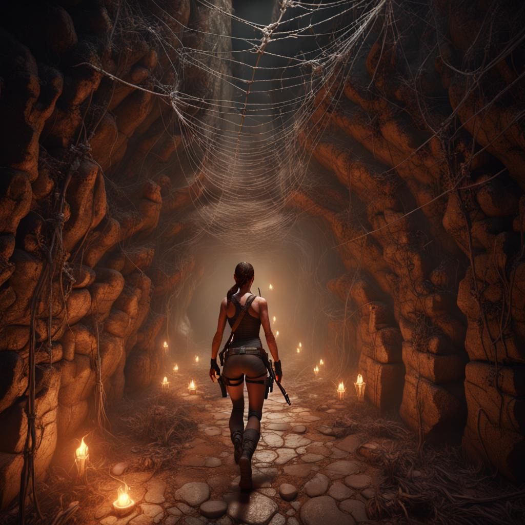 Lara croft walking through spiders webs long narrow tunnel l...