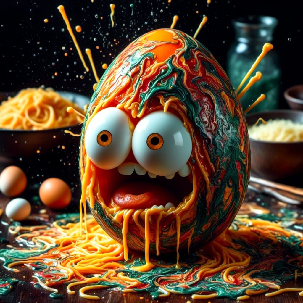 Angry Egg with Spaghetti: Digital Pour Painting
