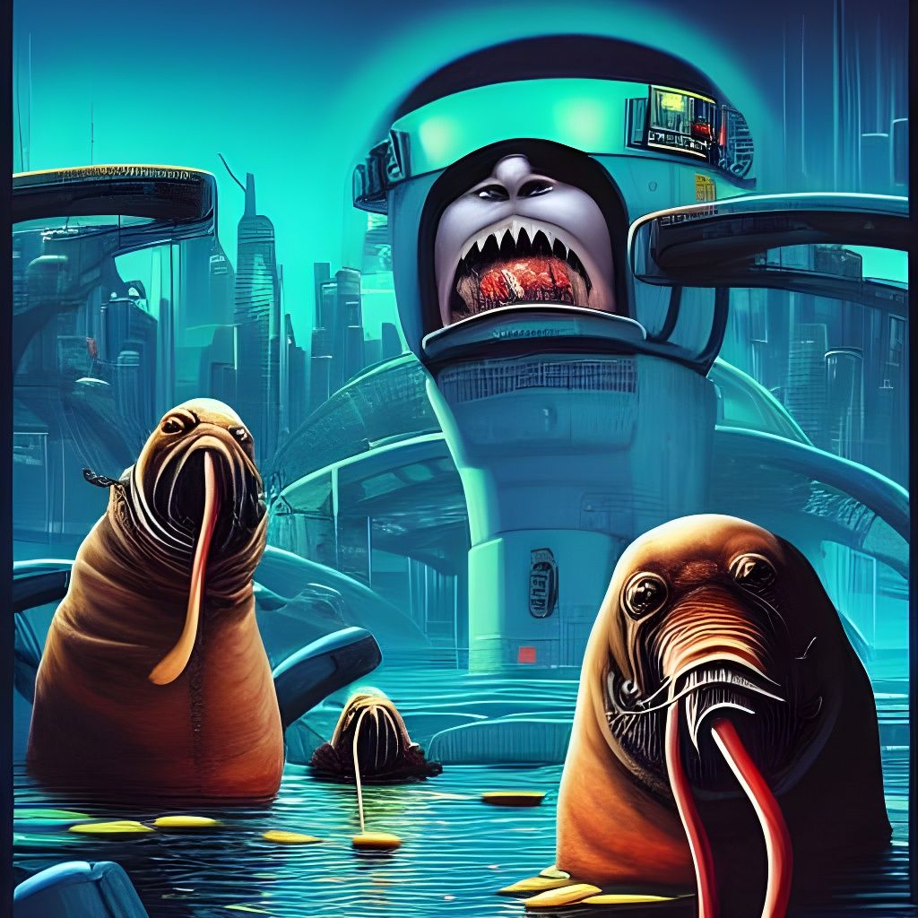 Angry Walruses in Cyberpunk Illustration Style