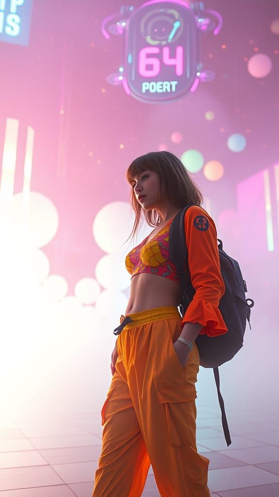 Woman in Surreal, Vibrant, Futuristic Dreamscape