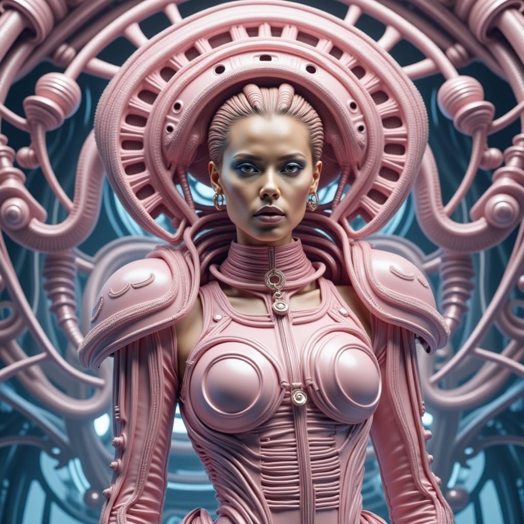Elegant Woman in Biomorphic Jumpsuit and Gears Harness