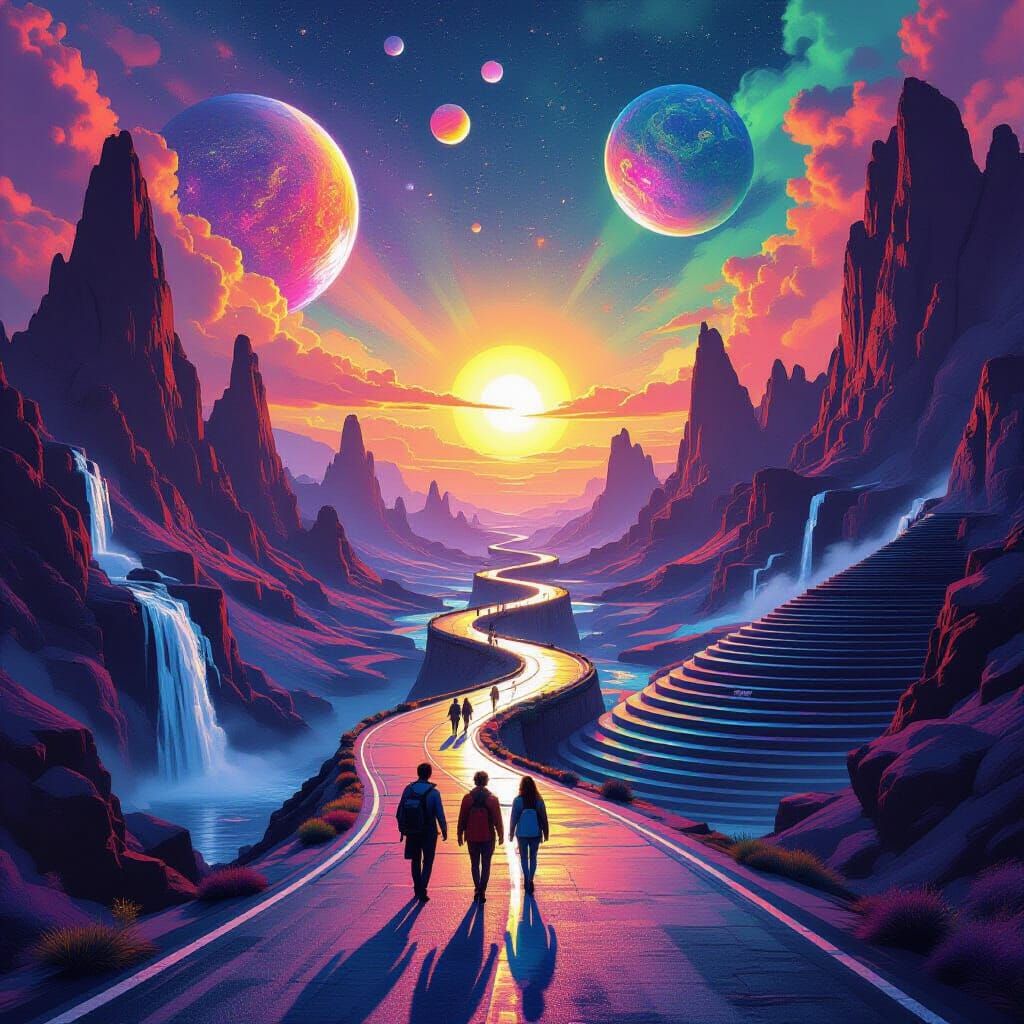 Surreal Alien Landscape with Human-Like Figures