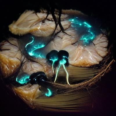 Bioluminescent Mushrooms Growing from Brain