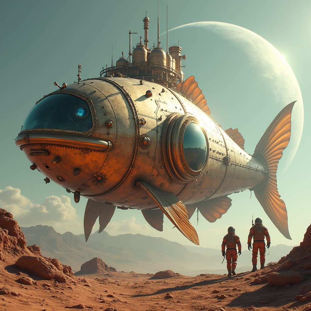 Gargantuan Steampunk Spacecraft Dominates Lunar Landscape