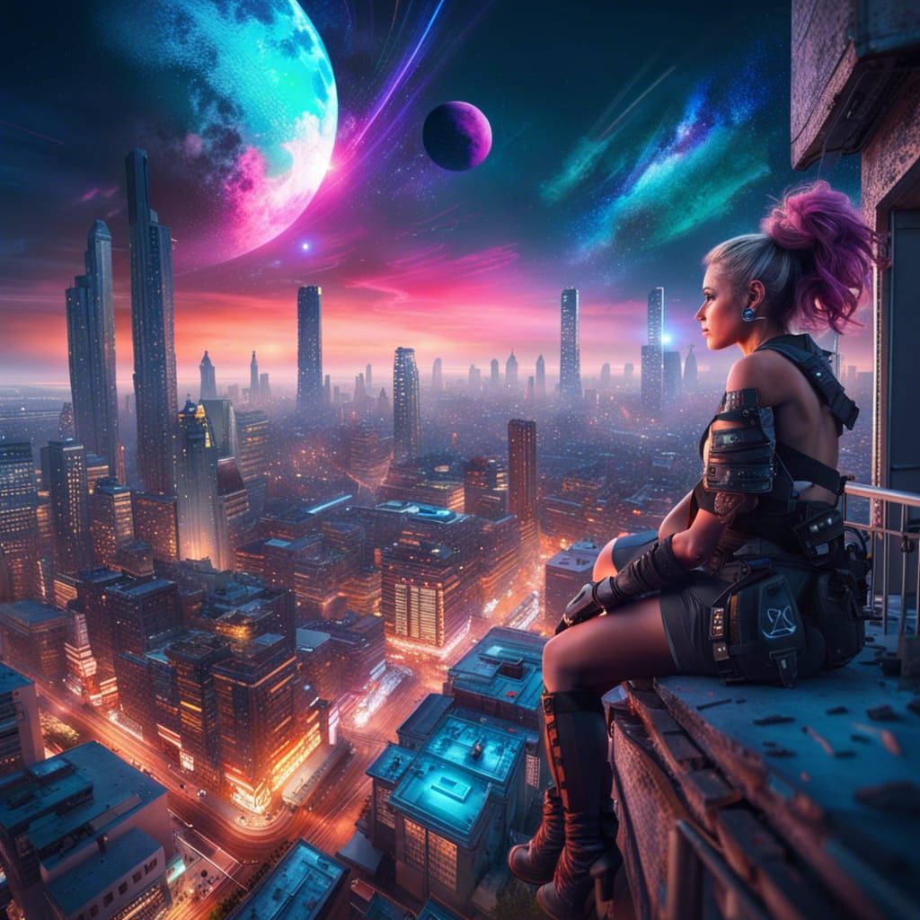 Cyberpunk Woman Gazes at Post-Apocalyptic Cityscape